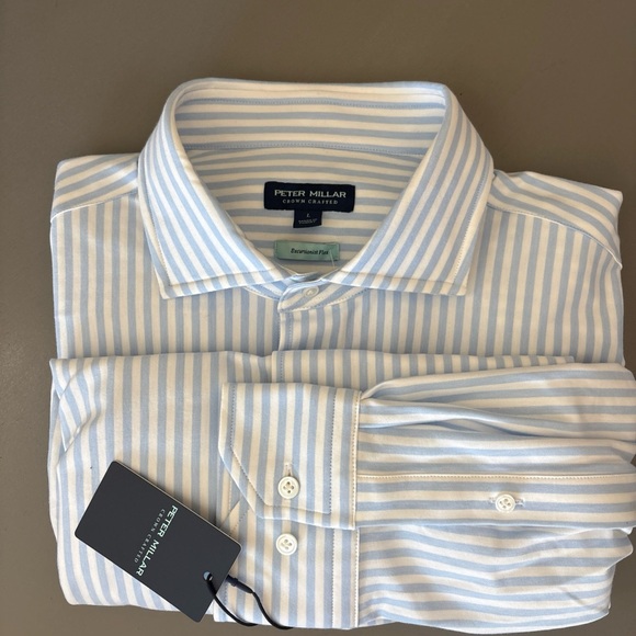 NWT Peter Millar Crown Crafted Light Blue and White Striped Dress Shirt - Large